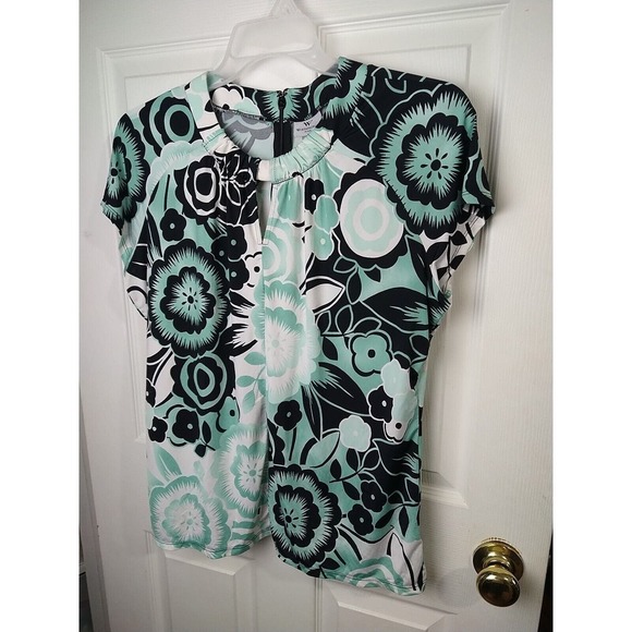 Worthington Petite V High Neck Aqua Black Pullover Blouse Size PXL - Picture 2 of 11